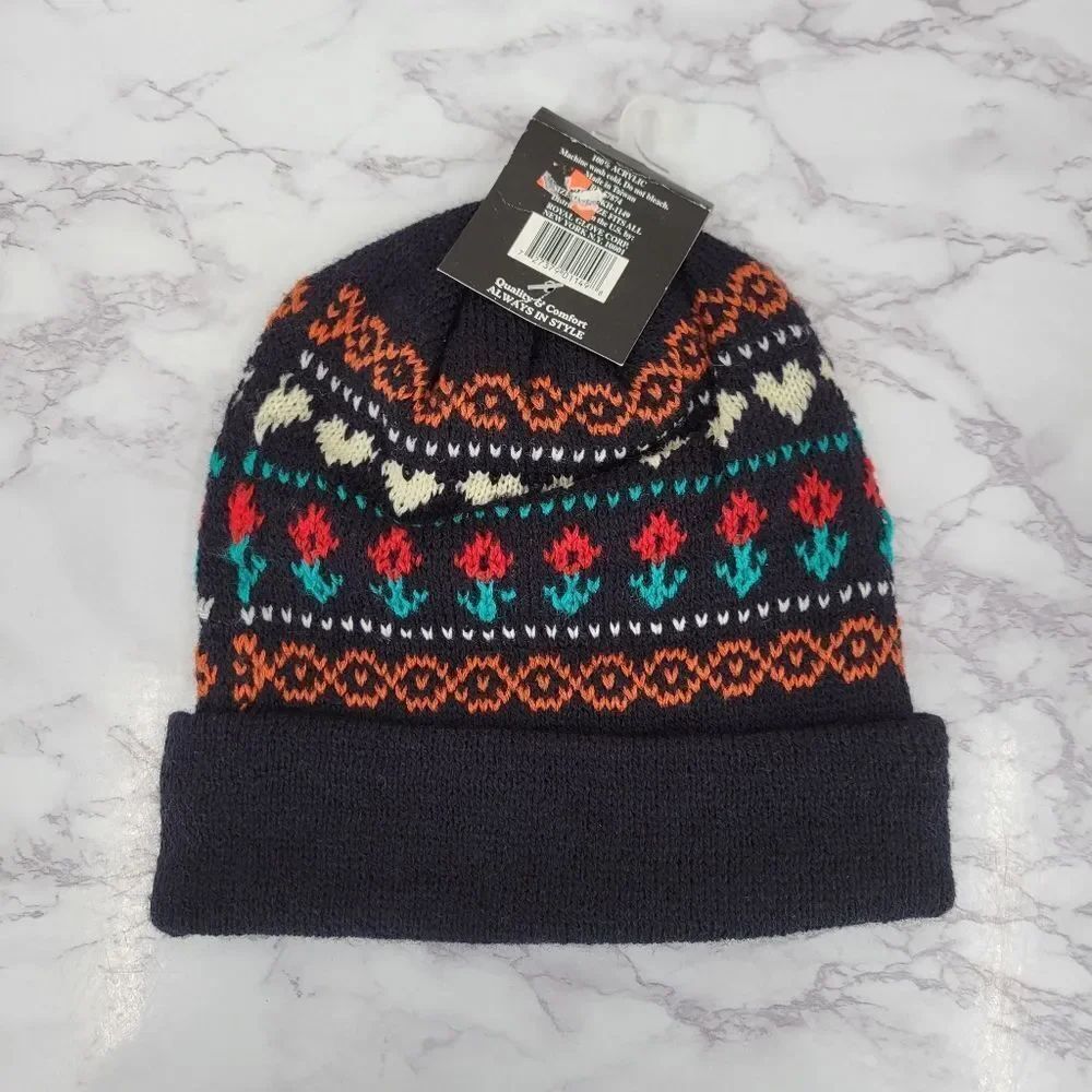 Vintage 90s Deadstock Beanie with Floral Faux Fair Isle Pattern Black NEW - Picture 4 of 5